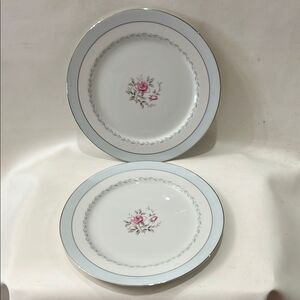 Regency White Blue Silver Trim Pink Floral Rose Set 2 Dinnerware Plate 10 1/4 In